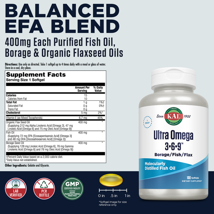 KAL Ultra Omega 3 6 9 1200mg, Fish Oil, Cold Pressed Borage Oil and Organic Flaxseed Oil, Heart Health and Joint Support Supplement, Molecularly Distilled, Solvent Free, 60-Day Guarantee