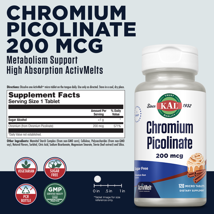 KAL Chromium Picolinate 200mcg Supplement, Metabolism Support, Fast Dissolving ActivMelts for Enhanced Absorption, Vegetarian, Sugar Free, Cinnamon Bun Flavor, 120 Servings, 120 Micro Tablets