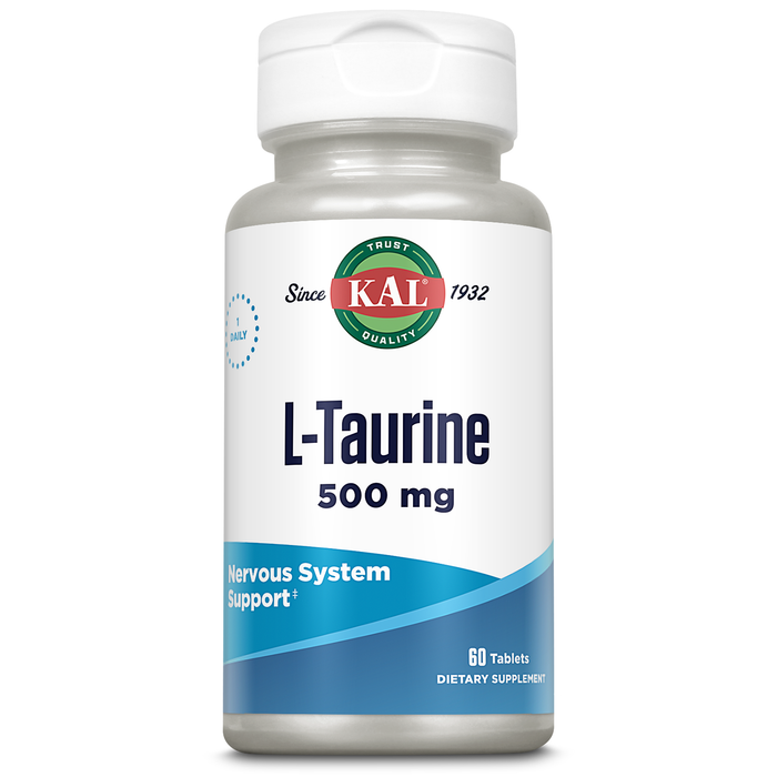 KAL L Taurine 500mg, Amino Acids Supplement, Nervous System Health, Heart Health and Detox Support, Pre Workout Supplement, Rapid Disintegration ActivTabs, 60-Day Guarantee, 60 Servings, 60 Tablets
