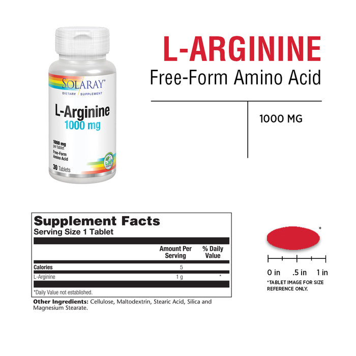 Solaray L-Arginine 1000 mg | Amino Acid | Healthy Circulation, Vascularity, Muscle Support | 30 Tabs