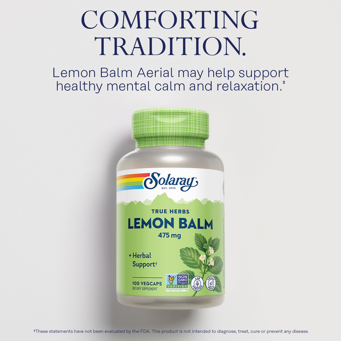 Solaray Lemon Balm Aerial 475 mg - Healthy Mental Calm and Relaxation and Rest Support - Whole Aerial for Full Nutrient Profile - Non-GMO, Vegan - 100 Servings, 100 VegCaps