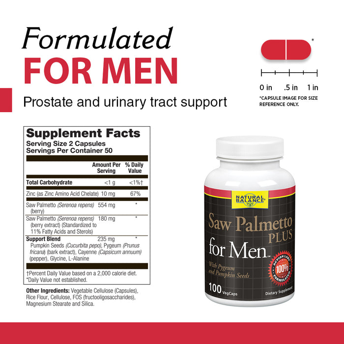 Natural Balance Saw Palmetto Plus for Mens Prostate Health | Urinary Frequency & Flow Support w/ Pygeum & Pumpkin Seeds | 100 VegCaps, 50 Servings