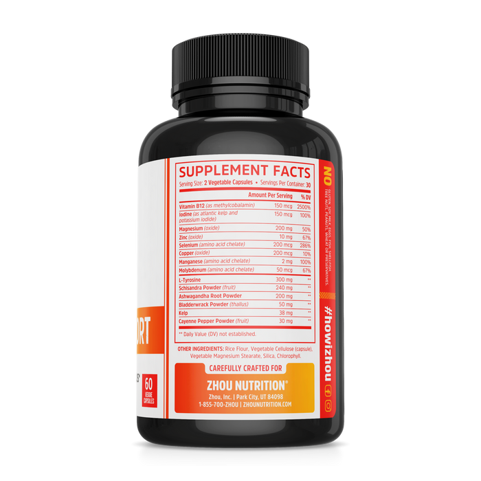 Zhou Thyroid Support Complex with Iodine Supplement, Increase Energy, Fight Brain Fog with Vitamin B12, Iodine, Magnesium, Zinc, Selenium, No Soy, Gluten-Free, 30 Servings, 60 Caps