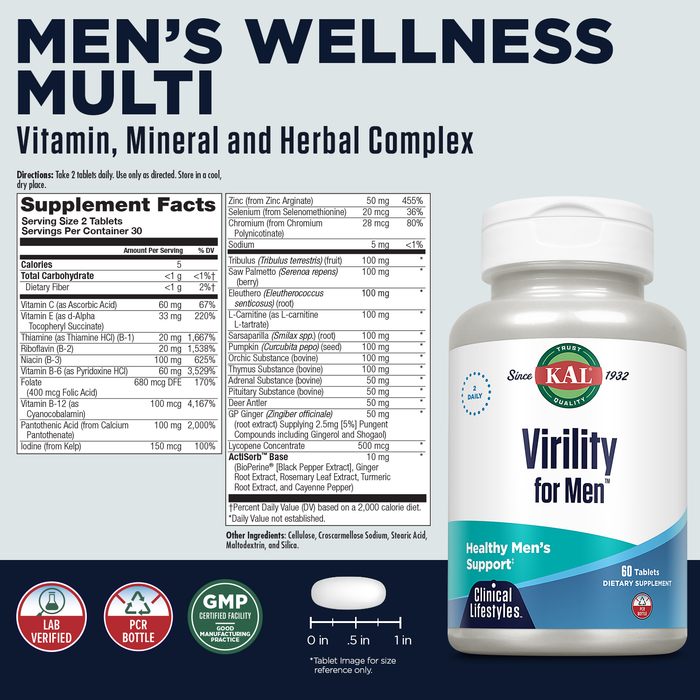 KAL Virility for Men, Men's Wellness Formula for Energy and Stamina, Sexual Health Support, Prostate Support, with B Vitamins, Tribulus Terrestris, Saw Palmetto, 60-Day Guarantee, 30 Serv, 60 Tablets