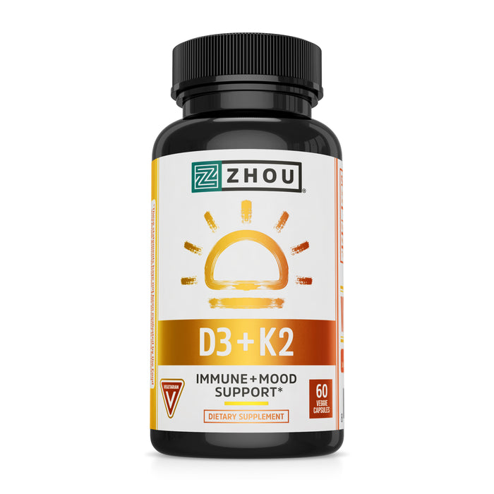 Zhou Nutrition Vitamin D3 K2, Bone and Heart Health Formula 5000 IU Vitamin D3 & 90 mcg Vitamin K2, Max Strength 2 in 1 Immune Support and Calcium Absorption, Gluten Free, 60 Count