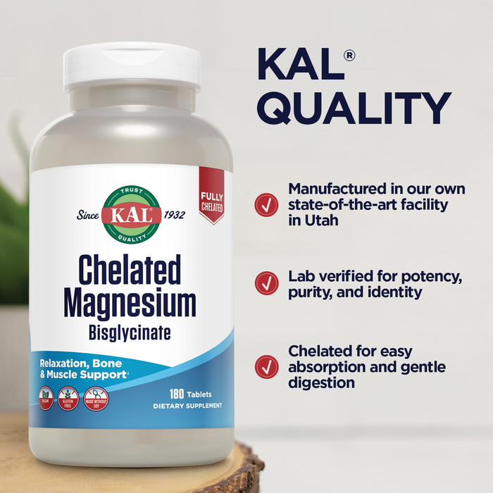 KAL Chelated Magnesium Bisglycinate, Magnesium Supplement for Relaxation, Bone Health, Nerve & Muscle Function Support*, High Absorption, Gentle Digestion, Vegan, Gluten Free, 60 Servings, 180 Tablets