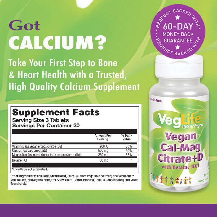 VegLife Vegan Cal-Mag Citrate + Vitamin D 500mg | For Bone Strength, Muscle & Heart Health Support With 250mg Magnesium | Vegan | 90 Tablets