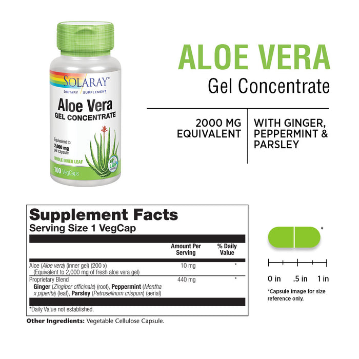 Solaray Aloe Vera Gel Concentrate | Equivalent to 2000 mg | Antioxidant Activity & Healthy Digestion & Skin Support | Non-GMO & Vegan | 100 VegCaps