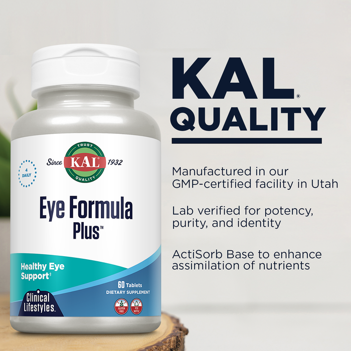 KAL Eye Formula Plus, Eye Care and Vision Supplements for Adults, with Eye Vitamins Lutein and Zeaxanthin, Plus Bilberry Extract, Goji and Blueberry Extract, 60-Day Guarantee, 15 Servings, 60 Tablets