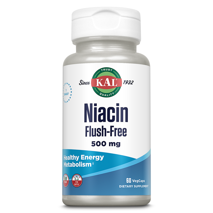 KAL Niacin 500mg Flush Free - Vitamin B3 Supplement - Metabolism and Energy Support - Skin, Nerve, Digestive Health and Circulation Support - Vegan Vitamin, 60-Day Guarantee, 60 Servings, 60 VegCaps