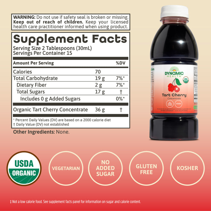 Dynamic Health Organic Tart Cherry Juice, Unsweetened 100% Juice Concentrate, Antioxidants Supplement, No Sweeteners or Additives, Vegan, Gluten Free, BPA Free