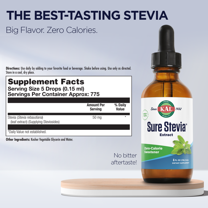 KAL Sure Stevia Extract Zero Calorie Sweetener, Low Carb, Plant Based Liquid Stevia Drops, Great Taste, Zero Sugar, Low Glycemic & Perfect for a Keto Diet, 60-Day Guarantee, Approx. 775 Servings, 4oz