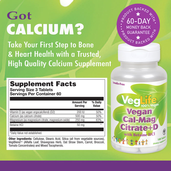 VegLife Vegan Cal-Mag Citrate + Vitamin D 500mg | For Bone Strength, Muscle & Heart Health Support With 250mg Magnesium | Vegan | 180 Tablets