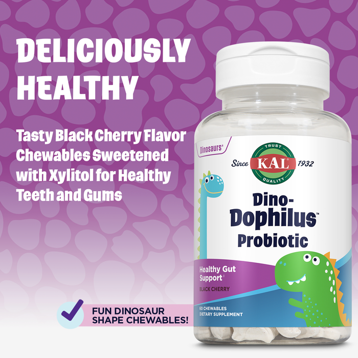 KAL DinoDophilus Probiotics for Kids, Kids Probiotic with 2 Billion CFU, Chewable Kids Probiotics with Natural Black Cherry Flavor for Gut Health and Digestion Support, 60 Servings, 60 Chewables