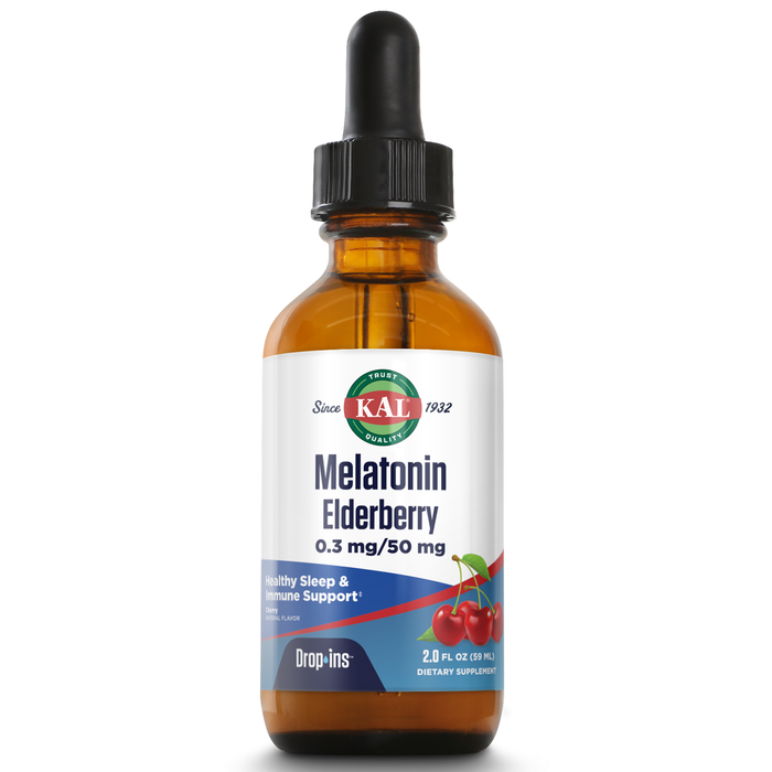 KAL Melatonin Elderberry DropIns - Fast Acting Melatonin Liquid with Elderberry - Sleep Aid, Immune Support Formula - Natural Cherry Flavor - 60-Day Money Back Guarantee, Approx. 59 Servings, 2 FL OZ