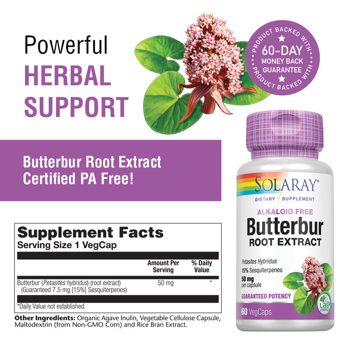 Solaray Butterbur Root Extract 50mg | Support for Healthy Vascular Smooth Muscle, Blood Flow, Respiratory Function & Urinary System Health | 60ct