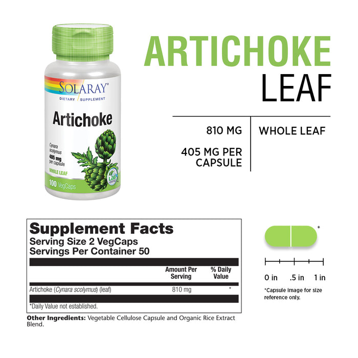 Solaray Artichoke Whole Leaf | Healthy Liver, Gall Bladder, Digestion & Cardiovascular Support | Non-GMO & Vegan | 405 mg per Capsule | 100 VegCaps
