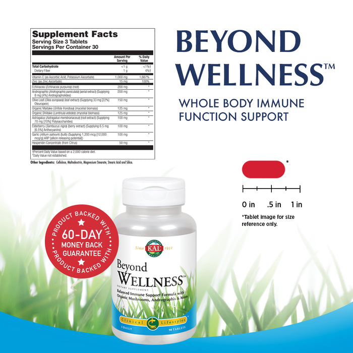 KAL Beyond Wellness | Balanced Immune Support with Vitamin C, Zinc, Echinacea, Organic Mushrooms, Andrographis & More | Lab Verified | 90 Tablets