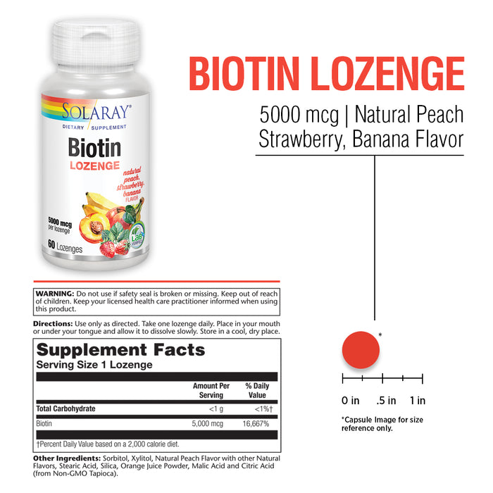 Solaray Biotin 5000 mcg | Natural Peach, Strawberry, Banana Flavor | Healthy Hair, Skin & Nails Support | 60 Lozenges