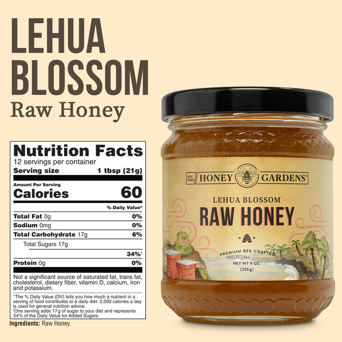 Honey Gardens Lehua Blossom Raw Honey, Premium Bee-Crafted Honey from Nectar of Hawaii’s Lehua Blossom, Rich, Tropical Flavor, Unpasteurized, Unfiltered, Unheated, 12 Servings, 9 OZ.