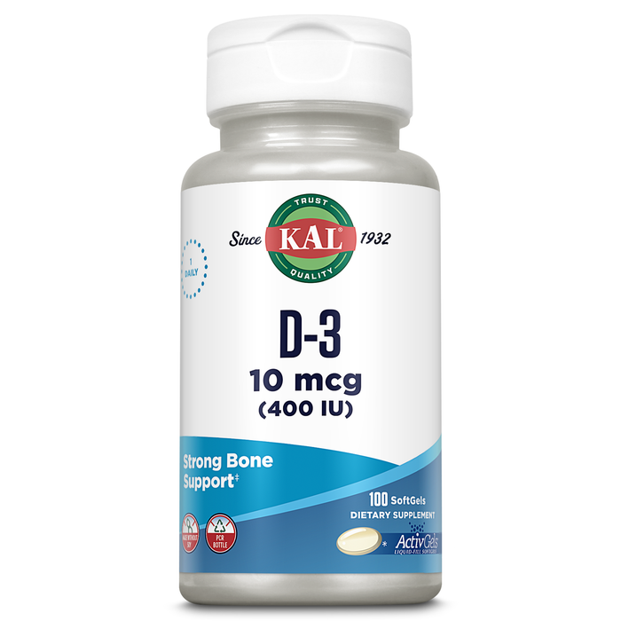 KAL Vitamin D3 400 IU Softgels (10 mcg), Active Form of Vitamin D, Calcium Absorption, Bone Health, Immune Support Supplement, Liquid Filled ActivGel, Made Without Soy, 100 Servings, 100 Softgels