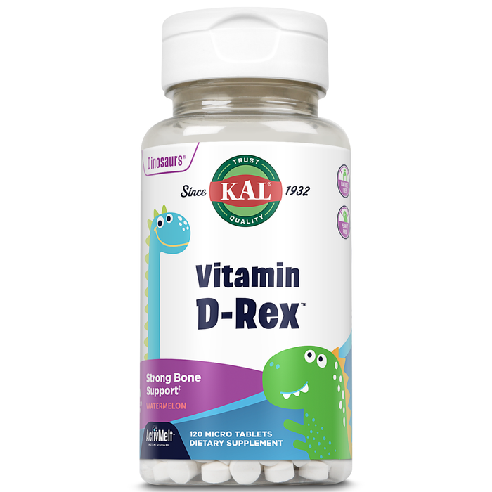 KAL Vitamin D-Rex, Kids Vitamin D, Natural Watermelon Flavor Instant Dissolve Melts, 15 mcg of Vitamin D for Kids, Immune, Heart, Bone, and Oral Health Support, 120 Servings, 120 Micro Tablets