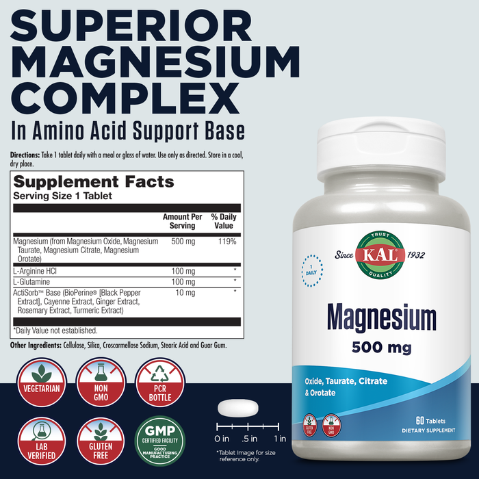 KAL Magnesium 500mg, Magnesium Supplement with Magnesium Citrate, Taurate, Oxide and Orotate Plus Amino Acids, Bone, Muscle, Heart Health Support, Enhanced Absorption, Vegetarian, 60 Serv, 60 Tablets