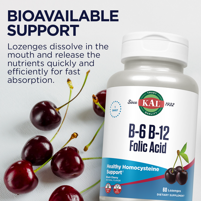KAL Vitamin B-6 B-12 Folic Acid Supplement, B Vitamins for Healthy Energy, Heart & Red Blood Cell Support, w/ Vitamin B12 Methylcobalamin and Folate, Natural Cherry, Gluten Free, 60 Serv, 60 Lozenges
