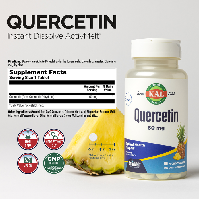 KAL Quercetin ActivMelt, Optimal Health and Wellness Support Supplement, Bioflavonoids, Natural Pineapple Flavor, 90 Servings, 90 Instant Dissolve Micro Tablets