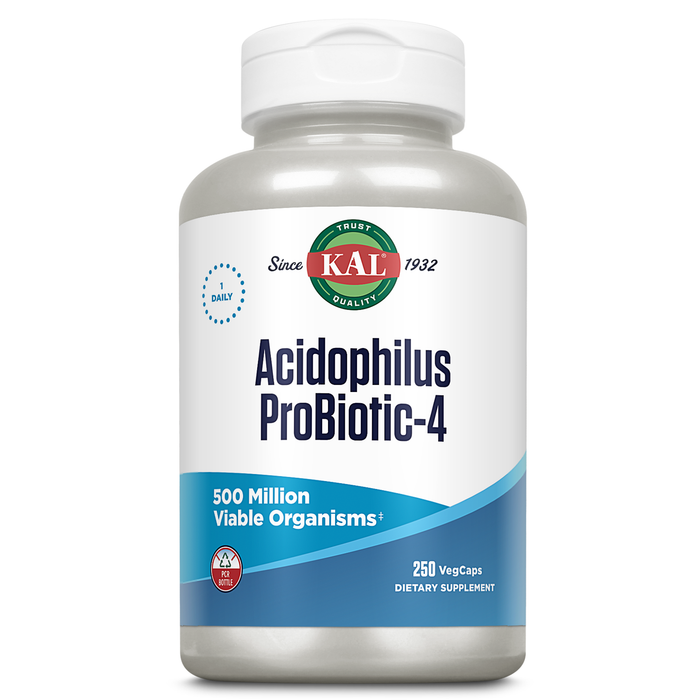 KAL Acidophilus ProBiotic-4, 500 Million CFUs, Four Probiotic Strains, Probiotics for Women and Men, Freeze Dried, L. acidophilus, L. bulgaricus, S. thermophilus, B. bifidum, 250 Servings, 250 VegCaps