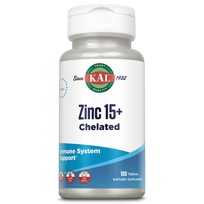 KAL Zinc 15 Plus, Immune Support Supplement with 15mg Chelated Zinc, Betaine HCl and Trace Minerals, Healthy Metabolism and Immune System Support, Vegan, Gluten Free, 60-Day Guarantee, 100 Tablets