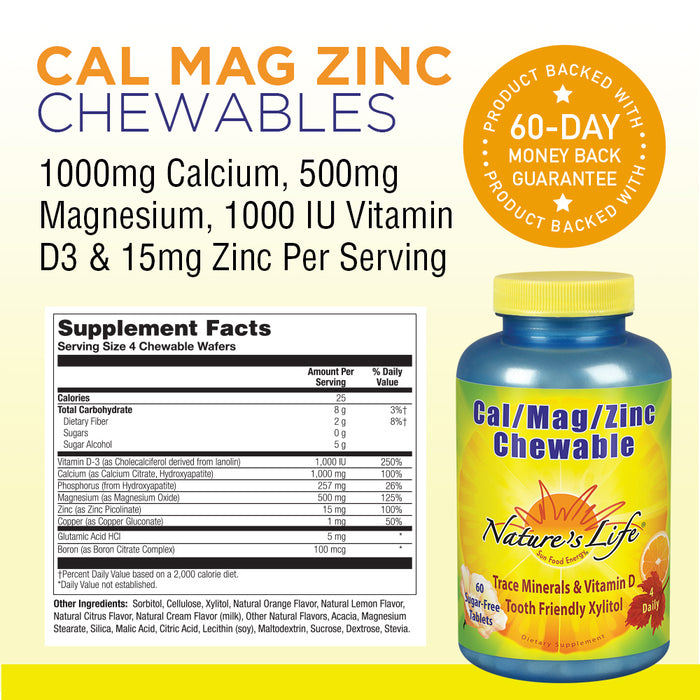 Nature's Life Cal Mag Zinc Chewable | 100% Plus Daily Value of Calcium, Magnesium, Zinc & Vit D3 for Bone & Heart Health Support | 60 No Sugar Chews