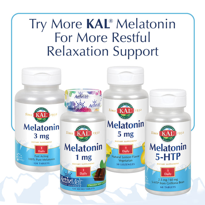 KAL Melatonin 3mg Sleep Aid, Fast Dissolve Melatonin Tablets, Calming Relaxation and Healthy Sleep Cycle Support, with Added Vitamin B6, Vegan, Gluten Free, Non-GMO (30 CT)