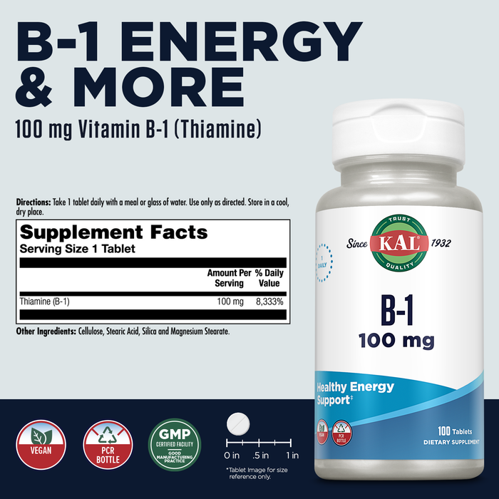 KAL Vitamin B1 100 mg, Thiamine Supplement for Metabolism, Healthy Energy, Skin, Nervous System, Heart Health and Brain Support, Vegan Vitamin, 60-Day Money Back Guarantee, 100 Servings, 100 Tablets