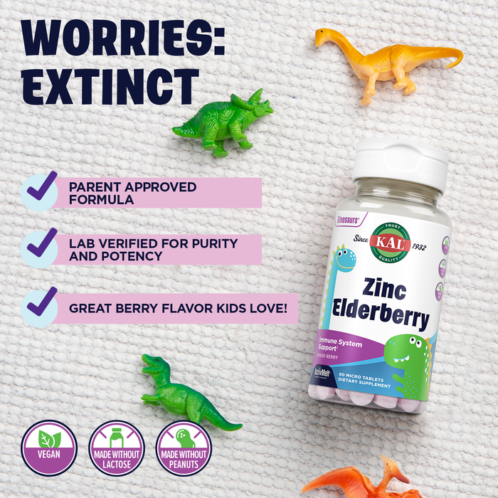 KAL Kids Zinc Elderberry Dinosaurs, Immune Support Supplement* for Children w/ Sambucus Elderberry, Fast Dissolving Mixed Berry ActivMelts, Fun, Tasty Dino Shapes, Vegan, 90 Servings, 90 Micro Tablets