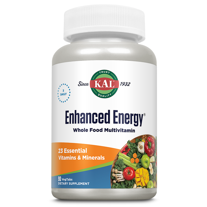 KAL Enhanced Energy Supplements, Whole Food Multivitamin with Iron for Women and Men, 23 Essential Vitamins and Minerals, Super Foods, Digestive Enzymes, 60-Day Guarantee, 30 Servings, 90 VegTabs