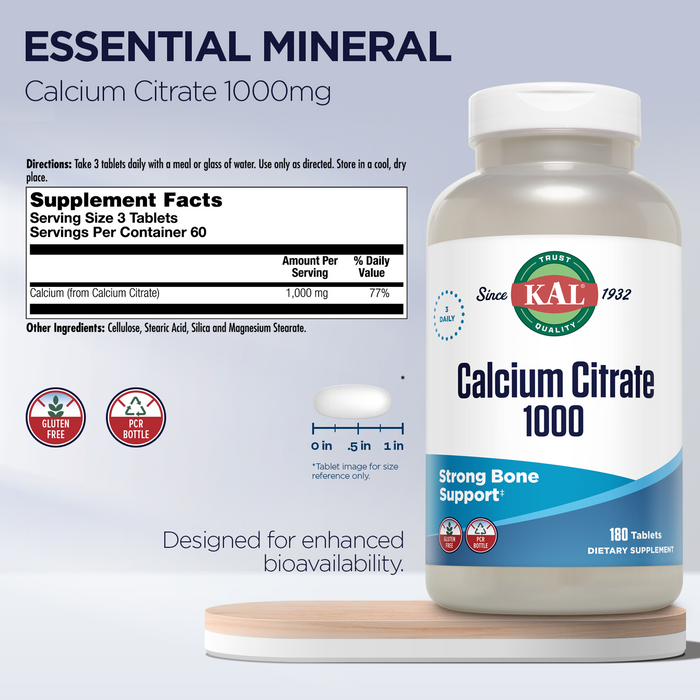 KAL Calcium Citrate 1000mg Teeth & Bone Health, Nervous, Muscular & Cardiovascular System Support Lab Verified (180 CT)