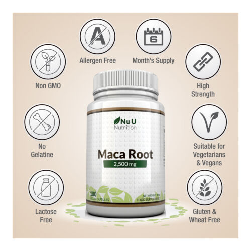 Maca Root Capsules 2500mg 4 Bottles 180 Capsules 6 Month's Supply Nu U Nutrition
