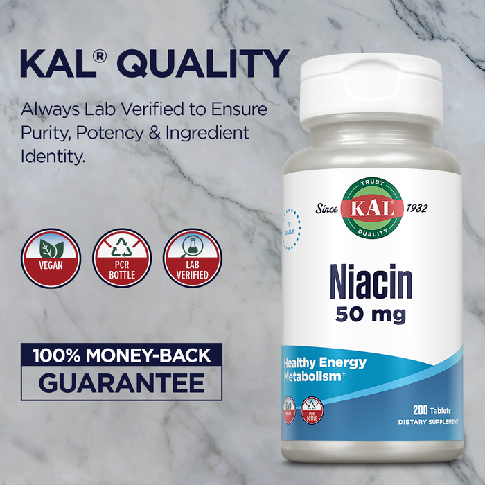 KAL Niacin 50mg | One Daily | Healthy Metabolism, Skin, Nerves & Digestive Tract Support | Vegetarian | 200 Tablets