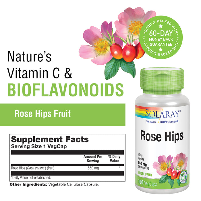 Solaray Rose Hips Fruit 550mg | Healthy Skin, Joints & Immune Function Support | Source of Vitamin C & Bioflavonoids | Non-GMO & Vegan | 100 VegCaps