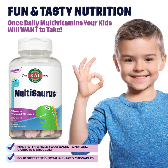 KAL MultiSaurus Kids Chewable Multivitamins, 11 Essential Vitamins and Minerals for Kids, Berry, Grape, Orange Chewables, Gluten and Fructose Free, 90 Servings, 90 Dinosaur-Shaped Chewables