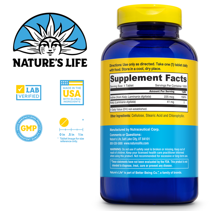 Nature's Life Icelandic Kelp 41 mg - Sea Kelp Iodine Supplement from Icelandic Seawater - Thyroid Support for Women and Men with 225mcg Natural Iodine - 60-Day Guarantee, 1000 Servings, 1000 Tablets