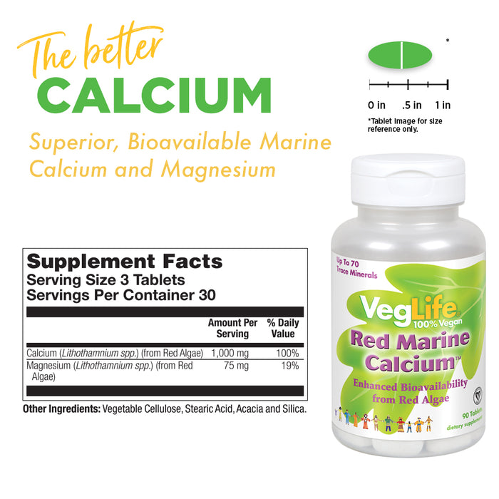VegLife Red Marine Calcium 1000mg | Bioavailable Calcium & Magnesium from Red Algae | Certified Vegan | 90ct, 30 Serv.