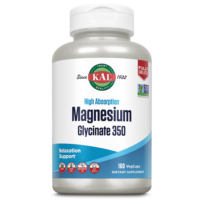 KAL Magnesium Glycinate Capsules, Fully Chelated Magnesium Bisglycinate, High Absorption Magnesium Supplement, Healthy Bones, Muscle, Relaxation and Stress Support, Non-GMO 160 count