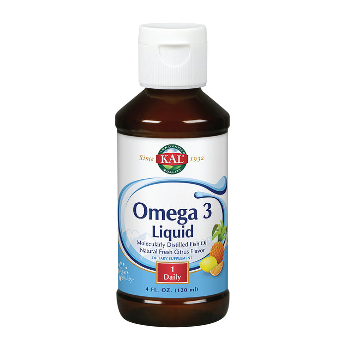 KAL Omega 3 Liquid - Molecularly Distilled Fish Oil - Great EPA/DHA Profile - Heart, Joint and Brain Support - Fresh Citrus Flavor - 24 Servings, 4 FL OZ