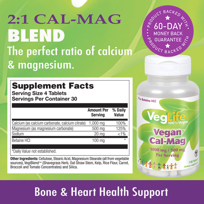 VegLife Vegan Cal-Mag 1000mg/500mg Per Serving | Ideal 2:1 Ratio For Bone & Heart Support & Healthy Nerve & Muscle Function | Vegan | 120 Tablets