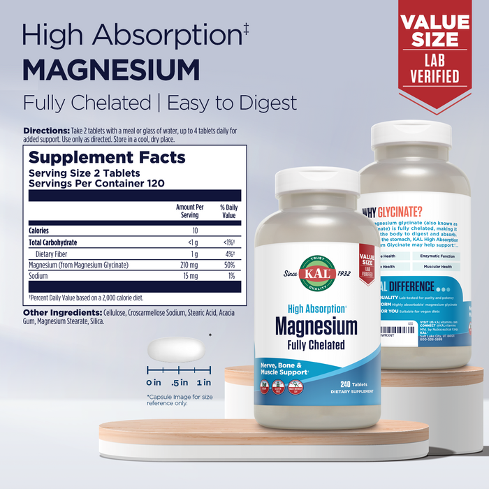 KAL Magnesium Glycinate Tablets, Fully Chelated, High Absorption Formula with Magnesium Bisglycinate Chelate for Nerve, Muscle & Bone Health Support, Vegan, Gluten Free, Value Size, 240 tablets
