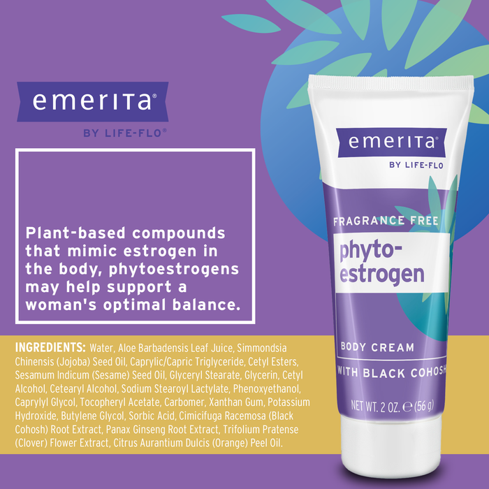 Emerita by Life-flo Phytoestrogen Body Cream, Balancing Cream for Women with Black Cohosh, Red Clover and Ginseng, Made Without Parabens, Fragrance Free, 60-Day Guarantee, Not Tested on Animals, 2oz