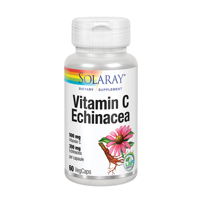 Solaray Vitamin C & Echinacea Root | Healthy Immune System Support w/ 500 mg Vit C & 300 mg Echinacea Per Capsule | Non-GMO & Vegan | 60 VegCaps