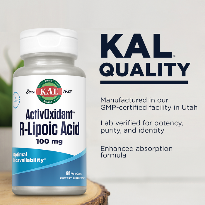 KAL ActivOxidant R Lipoic Acid 100 mg, Antioxidants Supplement, Natural R-Form of Alpha Lipoic Acid (R ALA) for Antioxidant Support, Highly Bioavailable, 60-Day Guarantee, 60 Servings, 60 VegCaps